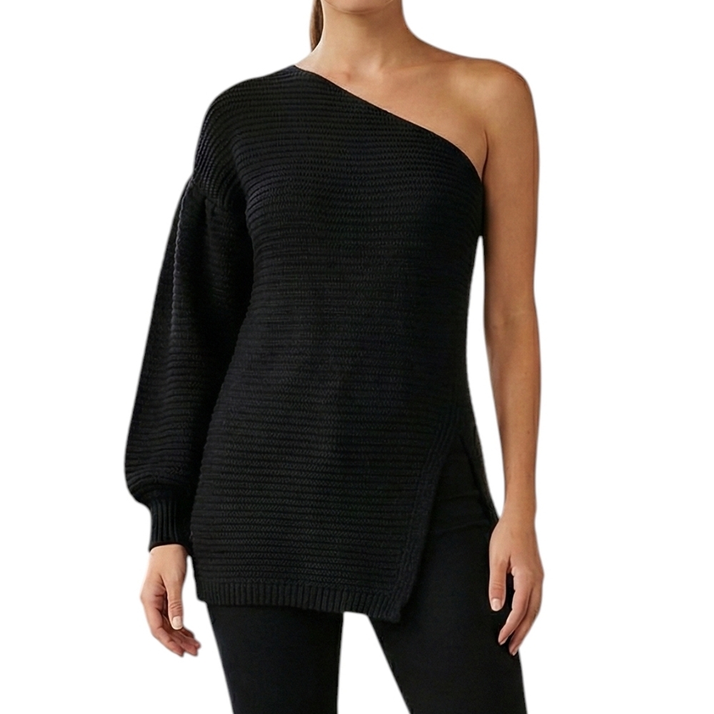 Elan Assymetrical One Shoulder Arm Balloon Sleeve Back Knit Tunic Sweater Small